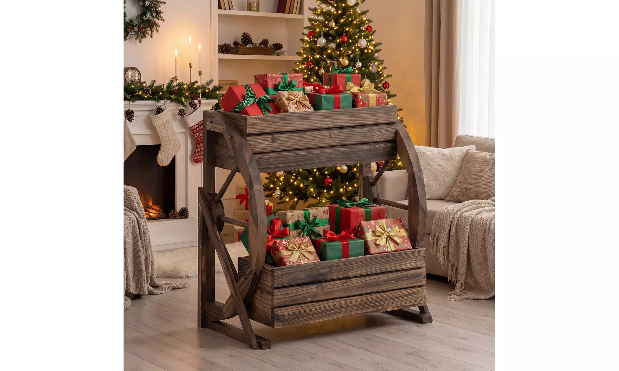 Costway 2-Tier Rustic Wooden Wagon Planter Box with Drainage Holes