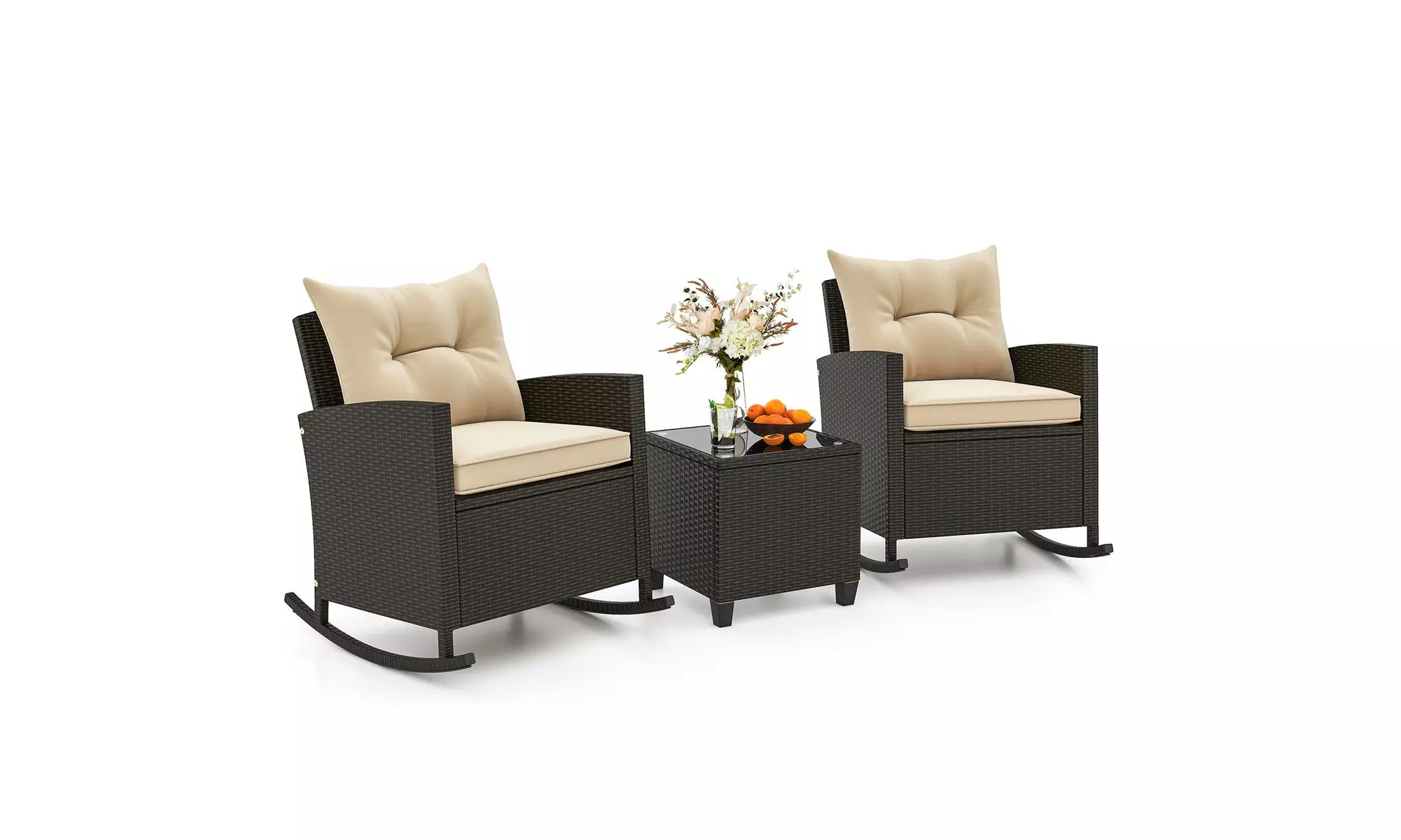 Costway 3 PCS Patio Wicker Rocking Set with Tempered Glass Table & Soft Cushions