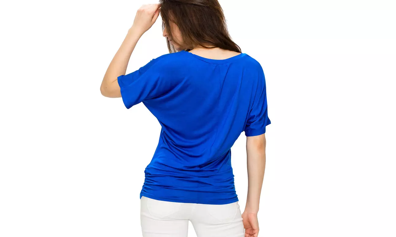 Made by Johnny Womens Solid Short Sleeve V-Neck Dolman Top with Side Shirring