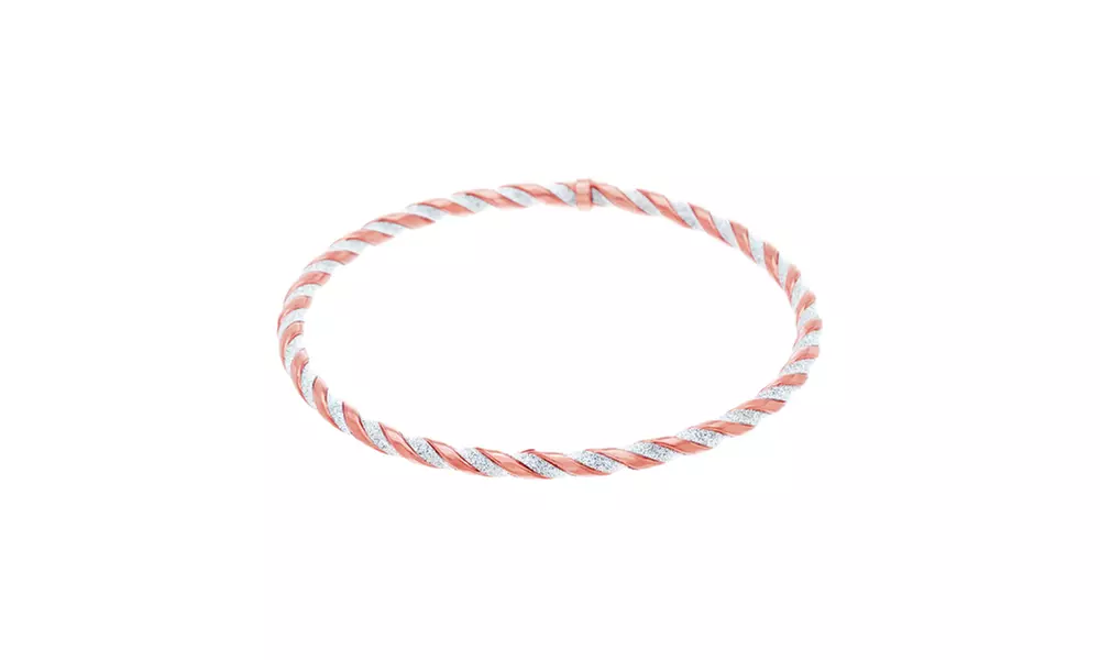 18K Rose Gold Sterling Silver Polished and Glitter Thin Twisted Slip On Bangle - Primary Image