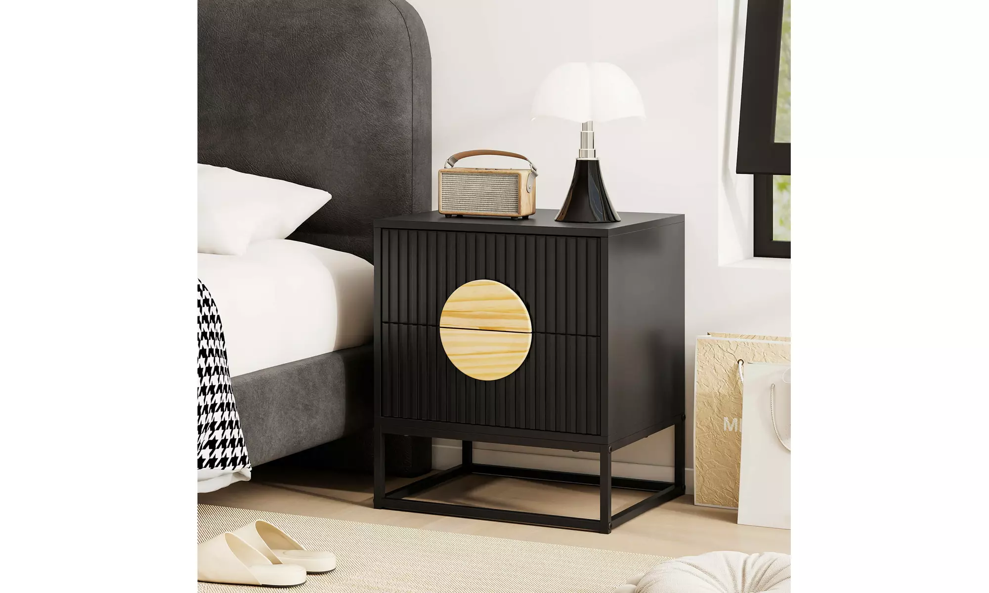Costway Fluted Nightstand with 2 Drawers with Pine Wood Handles & Metal Frame