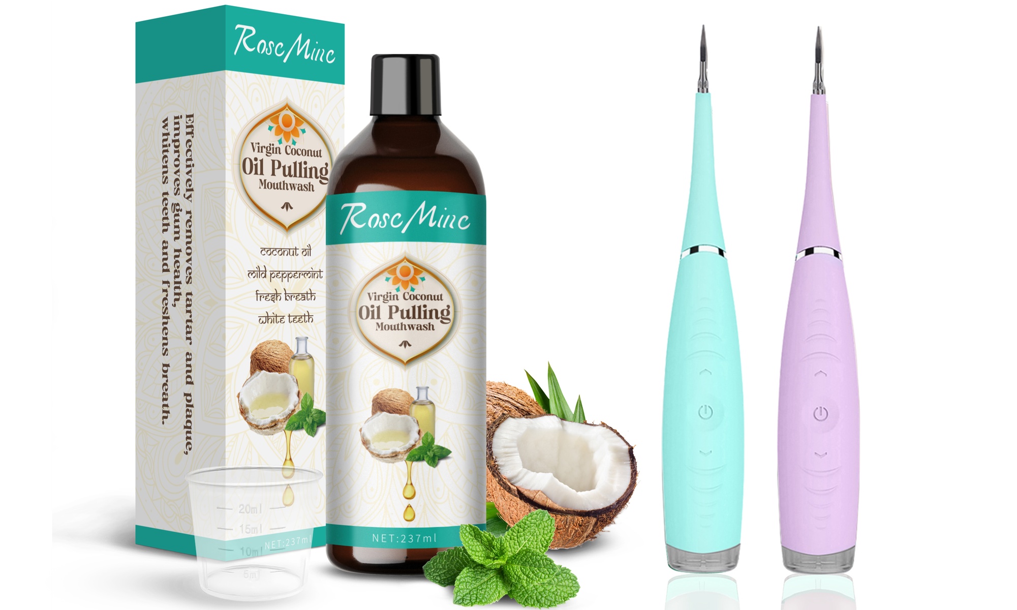 Coconut Oil Pulling and Electric Sonic Dental Scaler Set for Fresh Breath