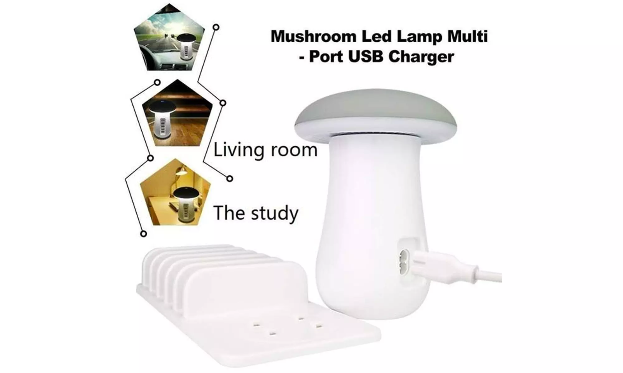 Zummy LED Mushroom Light Lamp 5 Powered USB Stand Charging Docking Station 