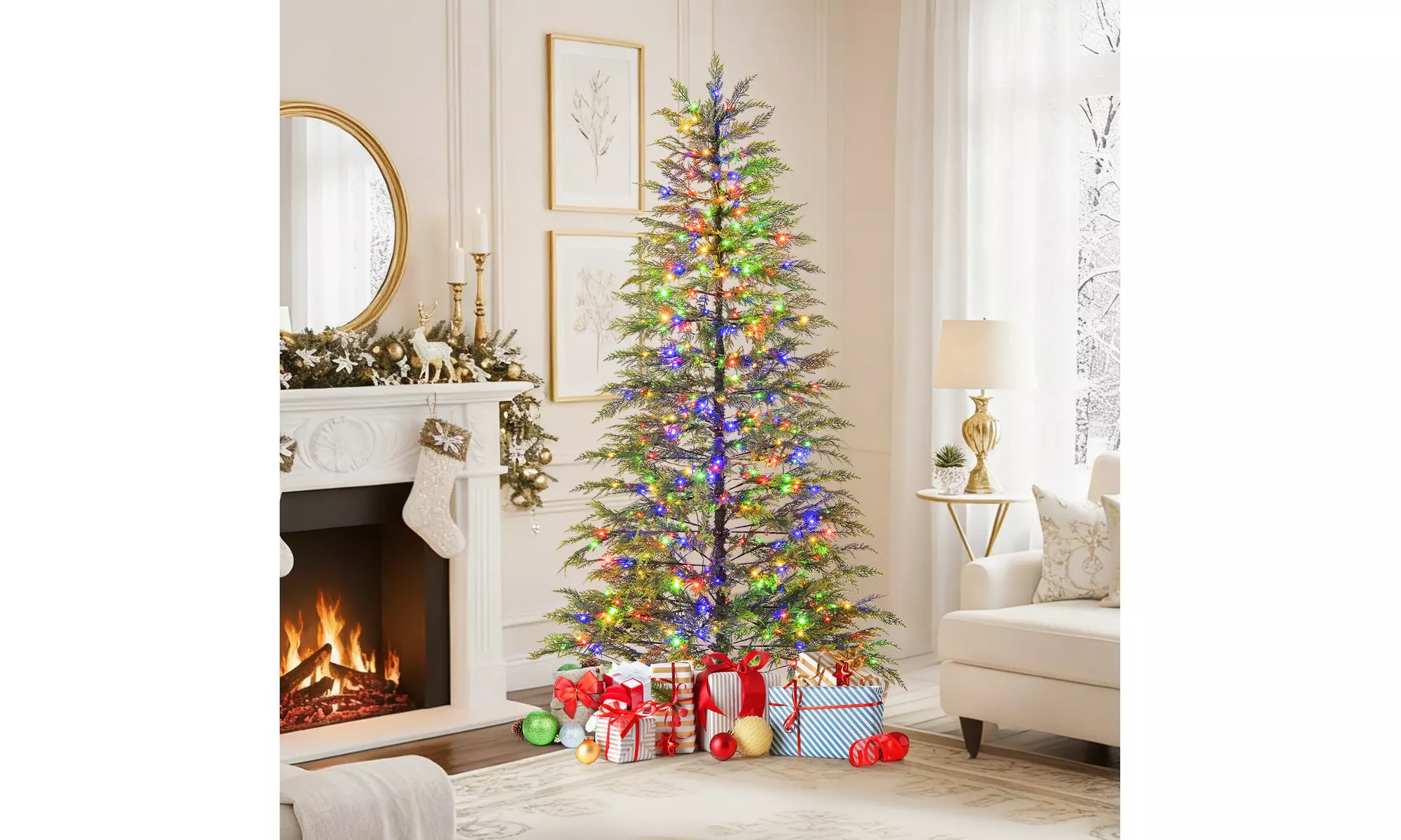 Costway Pre-Lit Artificial Christmas Tree with Branch Tips | Warm White LED Lights | Easy Setup & Home Decor