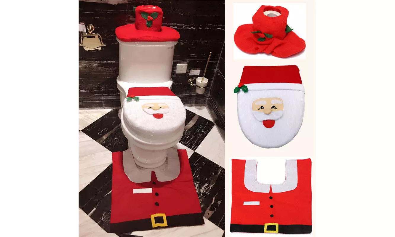 3pcs Happy Santa Claus Toilet Seat Cover Rug Bathroom Set Decoration - Primary Image