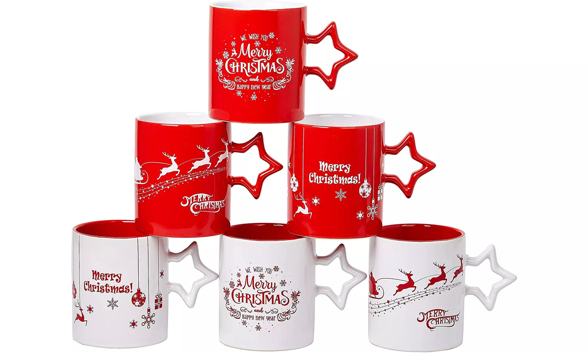 Set of 6 Christmas Coffee Mugs With Large-sized Holiday Christmas Themes - Primary Image