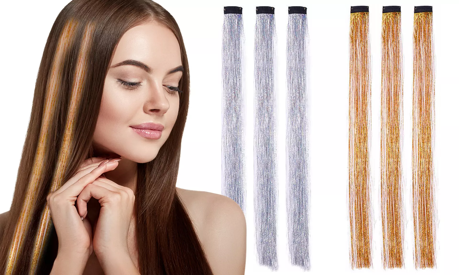 Trendy Clip-In Tinsel Sparkly Holographic Hair Extensions - 3 Pk, Silver or Gold - Primary Image