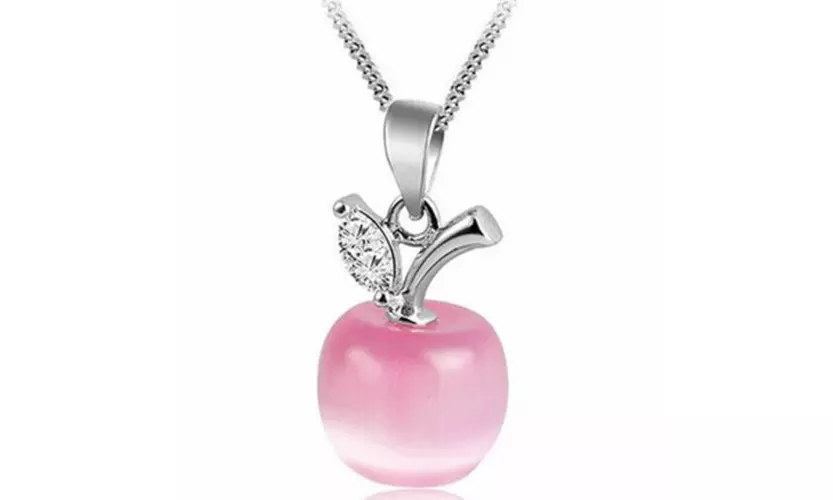 18K White Gold Plated Created Opal Apple Pink Apple Pendant Necklace - Primary Image