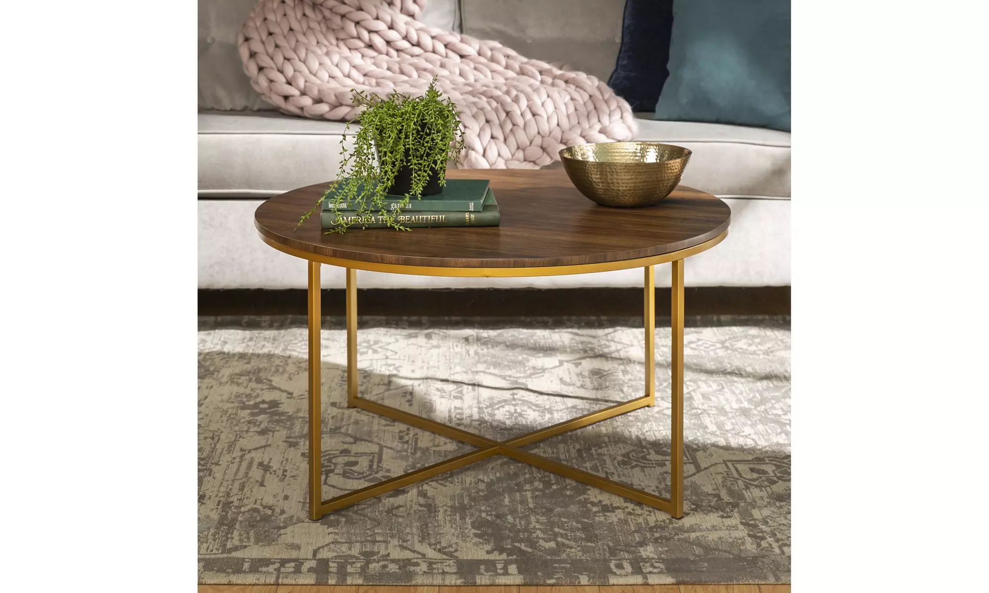 36" Coffee Table with X-Base - Dark Walnut/Gold - Primary Image