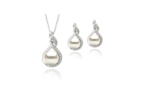 Freshwater Pearl and Diamond Loop Twist Necklace & Earrings Set