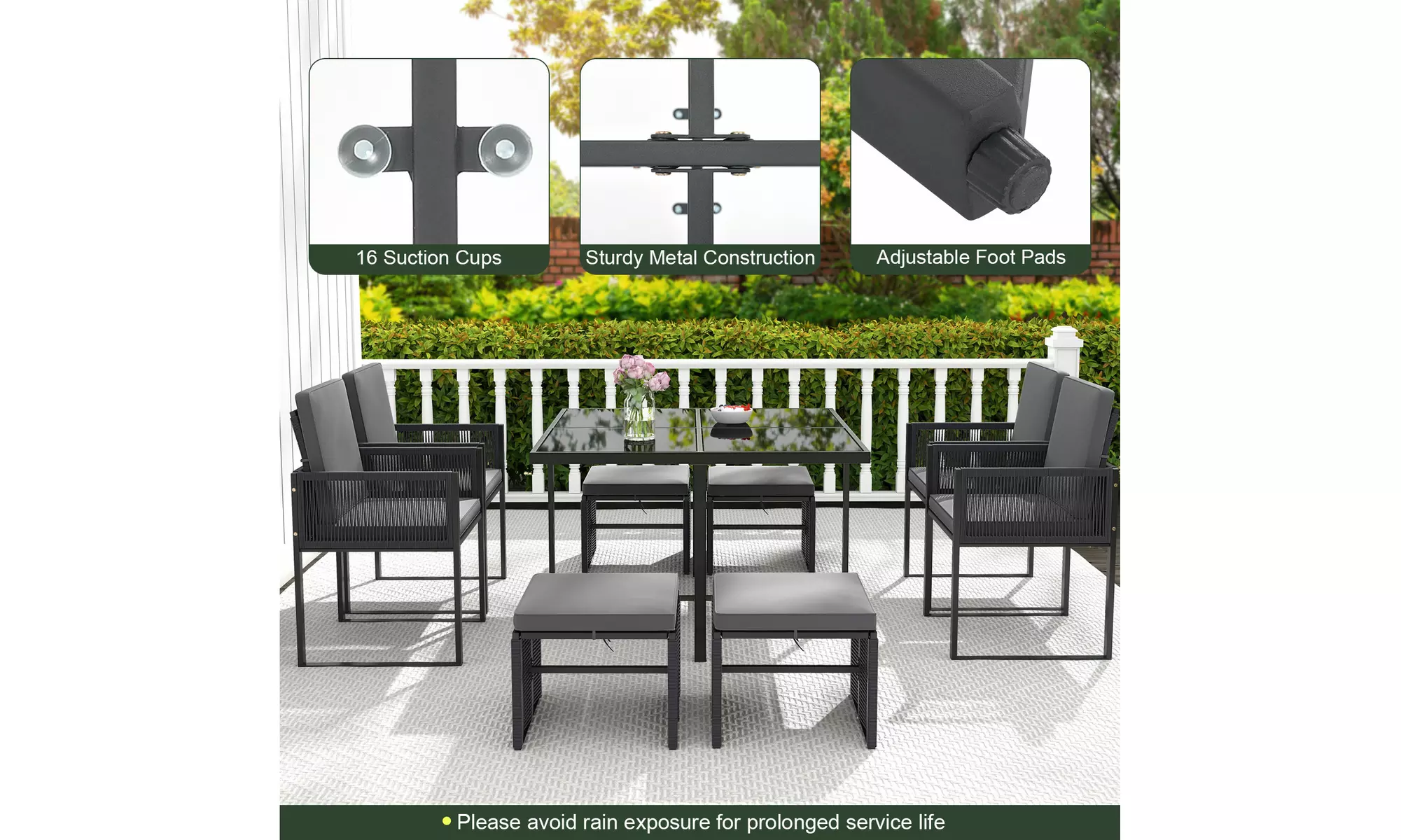 Costway 9-Piece Patio Dining Set with PE Rattan Chairs Tempered Glass Table