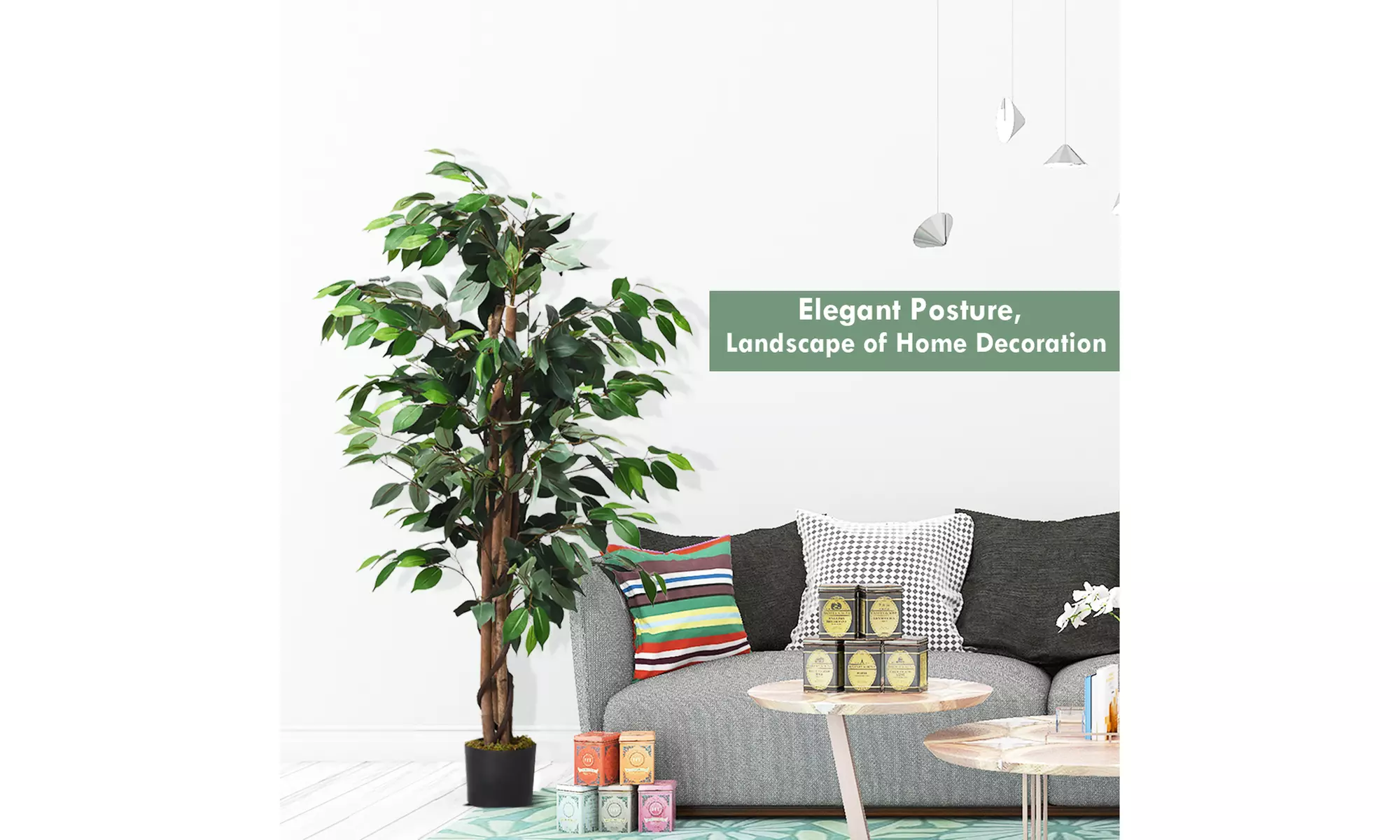 Costway 4'/6' Artificial Ficus Silk Tree Wood Trunks Green In/Outdoor Home Decor - Second Medium