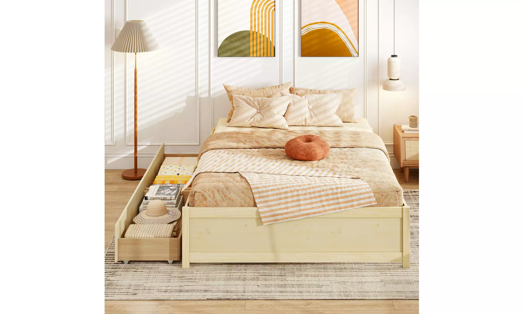 Costway Wooden Platform Bed Frame with 2 Rolling Storage Drawers