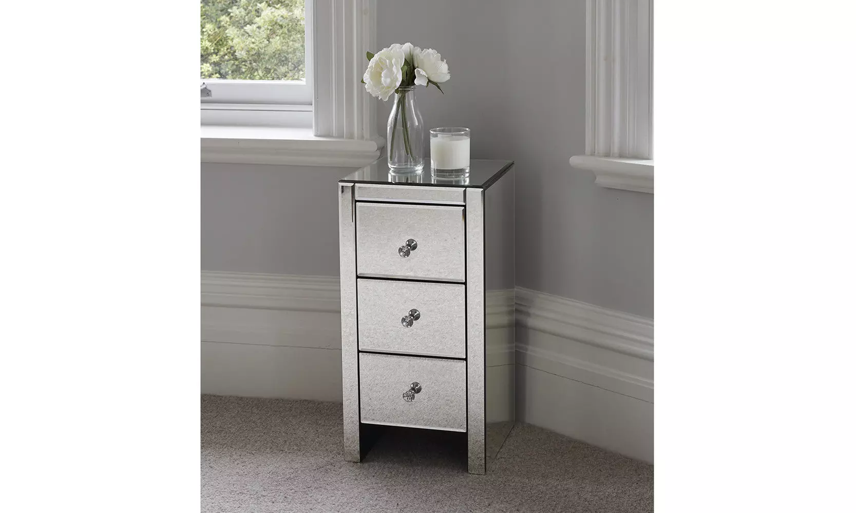 Mirrored Glass Bedside Table with Three Drawers Size S - Second Medium