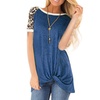 Image 8: Womens Leopard Color Block Twist Knot Tunics Casual Short Sleeve T Shirt Tops