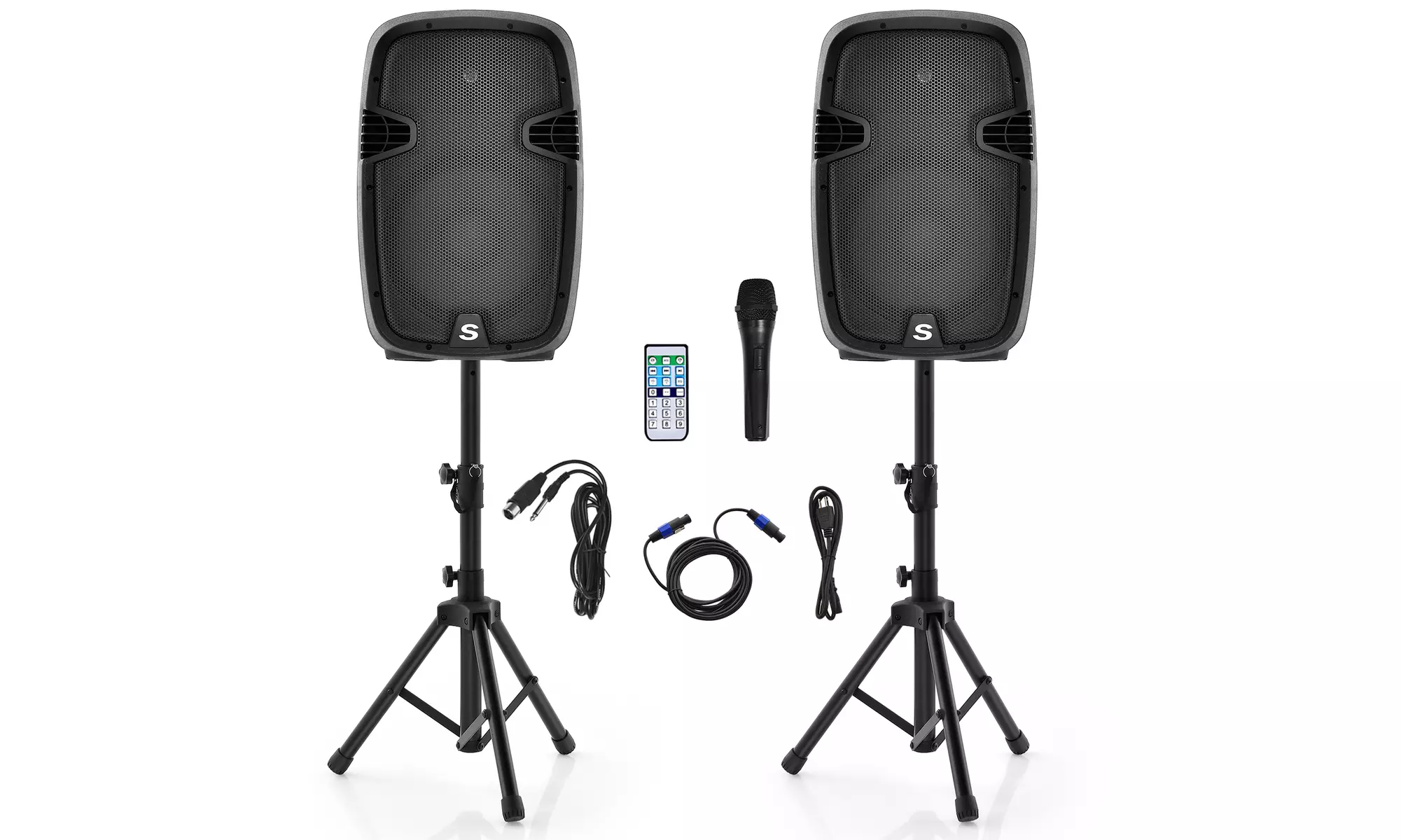 Dual 12" 2-way 2000W Powered Speakers Mic Speaker Stands Control - Primary Image