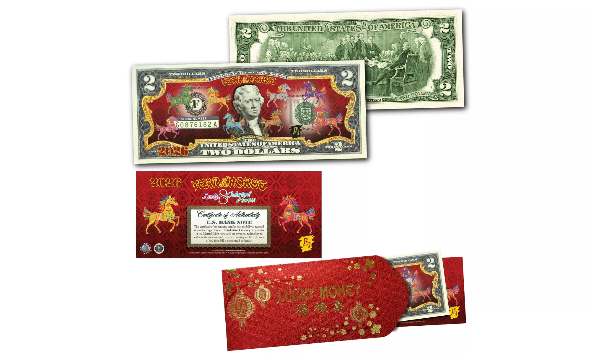 Chinese New Year Polychrome Lucky Money 2.00 Bill w/Red Envelope Year Editions