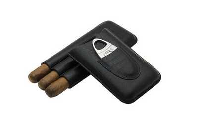 Black Leather Crocodile Embossed 3 Tube Cigar Case W/ Stainless Cutter