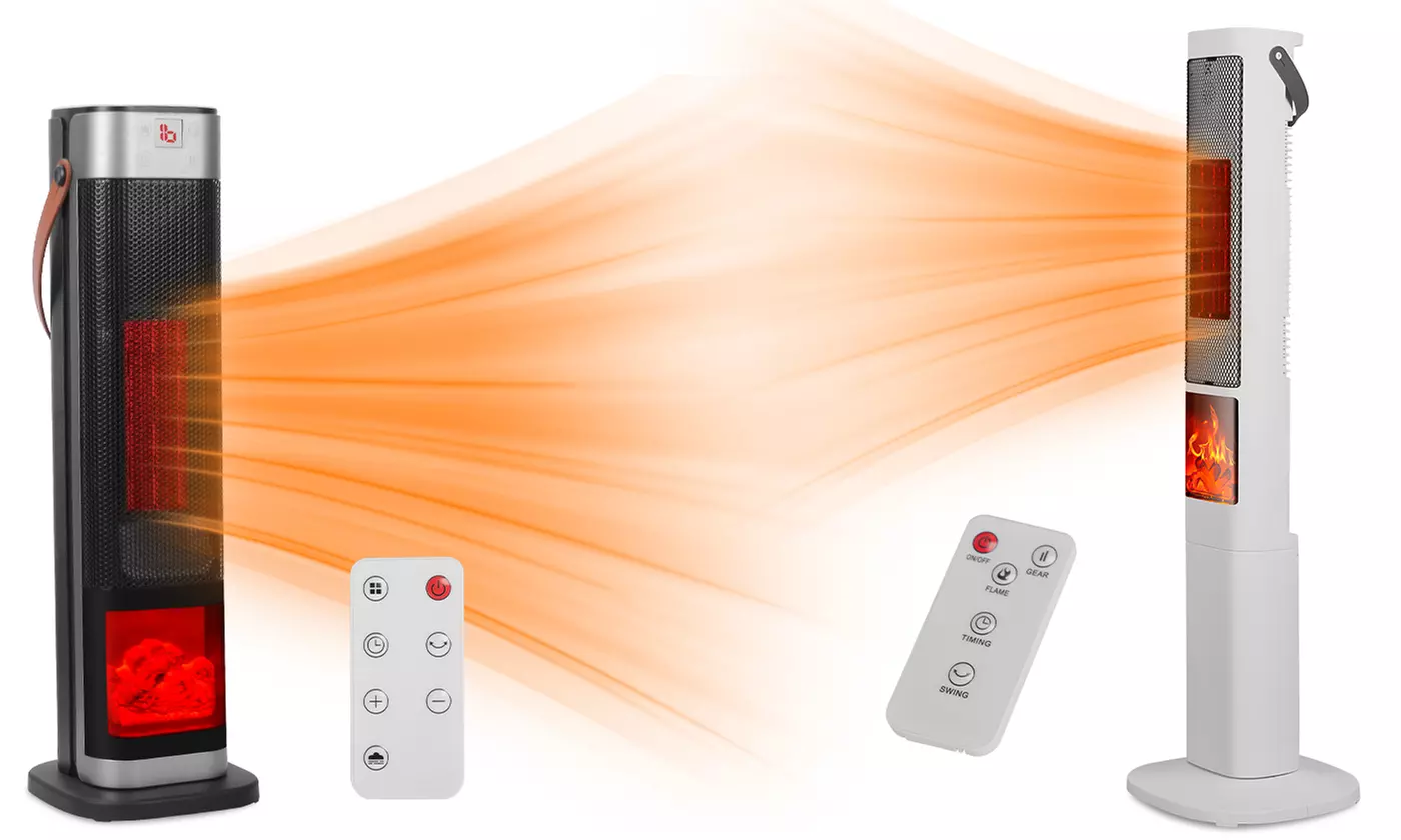 iMounTEK 1500W Oscillating Ceramic Tower Space Heater with 3D Flame & 3 Modes