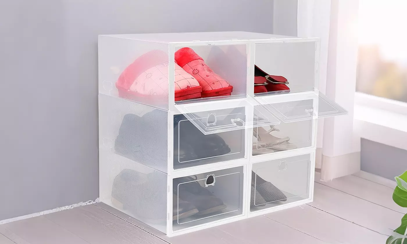 NewHome Transparent Shoe Boxes Foldable Stackable Storage Bin Organizer (6-Pack)