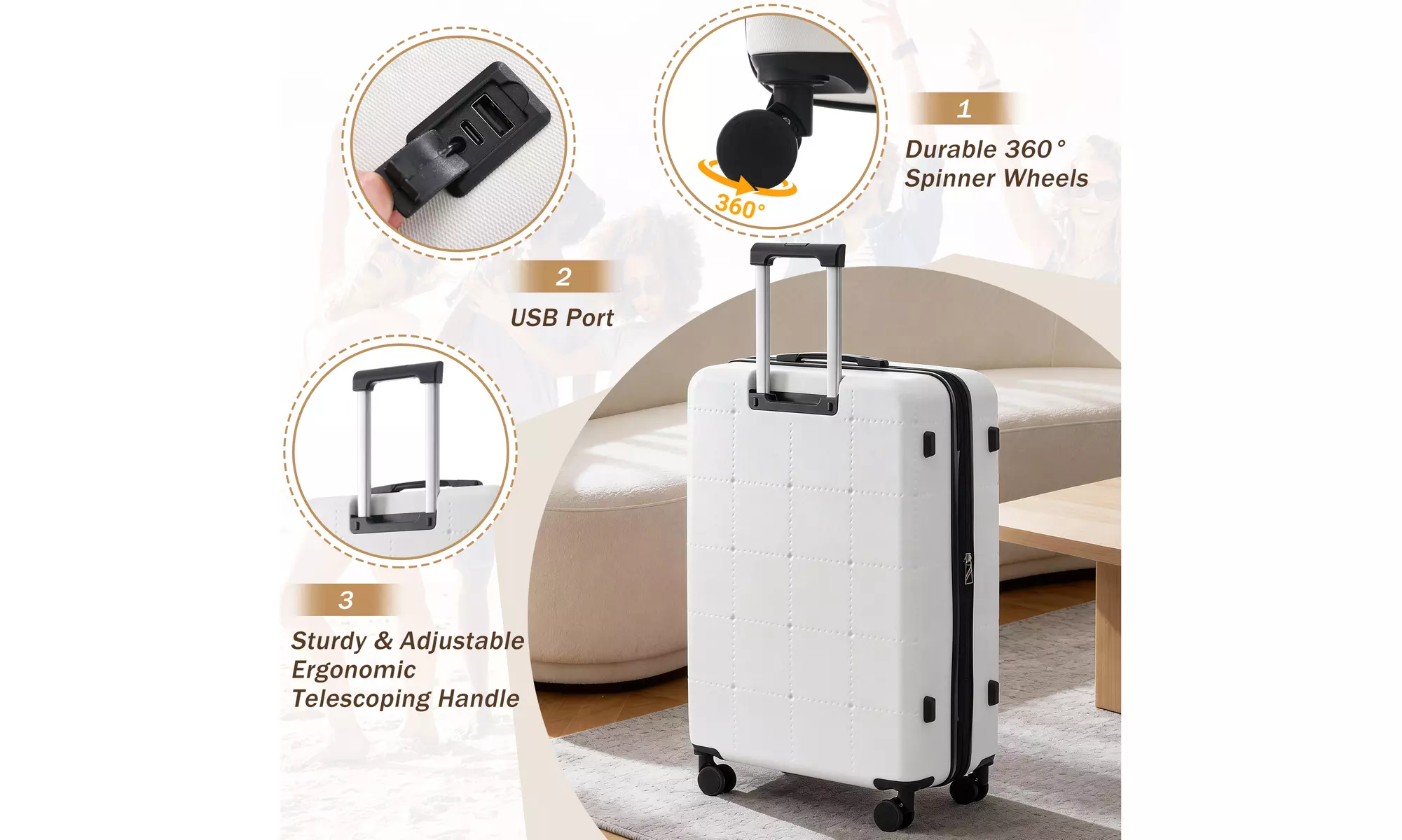 Four-Piece 20-Inch ABS Suitcase Luggage Set with USB Port