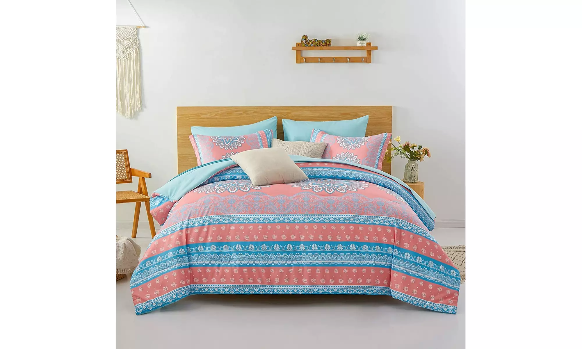ZEIMON Boho Comforter Set  7 Piece Bed in a Bag Aqua and Blue Damask Lattice - Second Medium