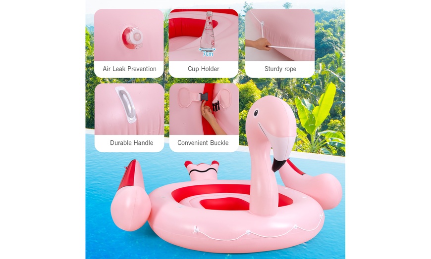 Image 6: 6-Person Inflatable Island Party Floating Flamingo with Electric Pump