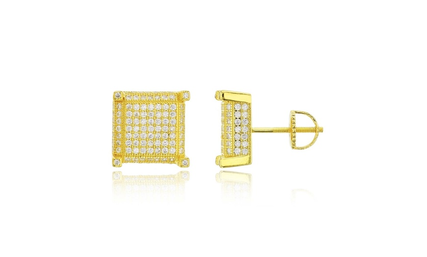 Image 8: Certified Jewelry Men's 14K Gold and Sterling Silver Square Lab Diamond Earrings