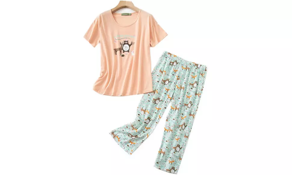 Women Summer Fun Prints Pajama Set Tops Capri Pants Casual Sleepwear