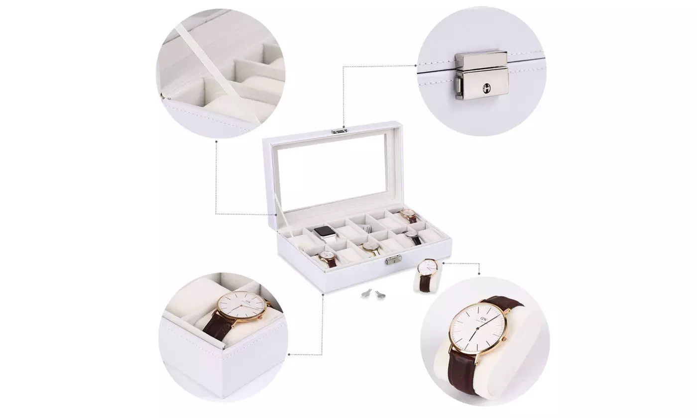 12 Grids Leather Watch Organizer Display Box Storage Case with Glass Lid - Primary Image