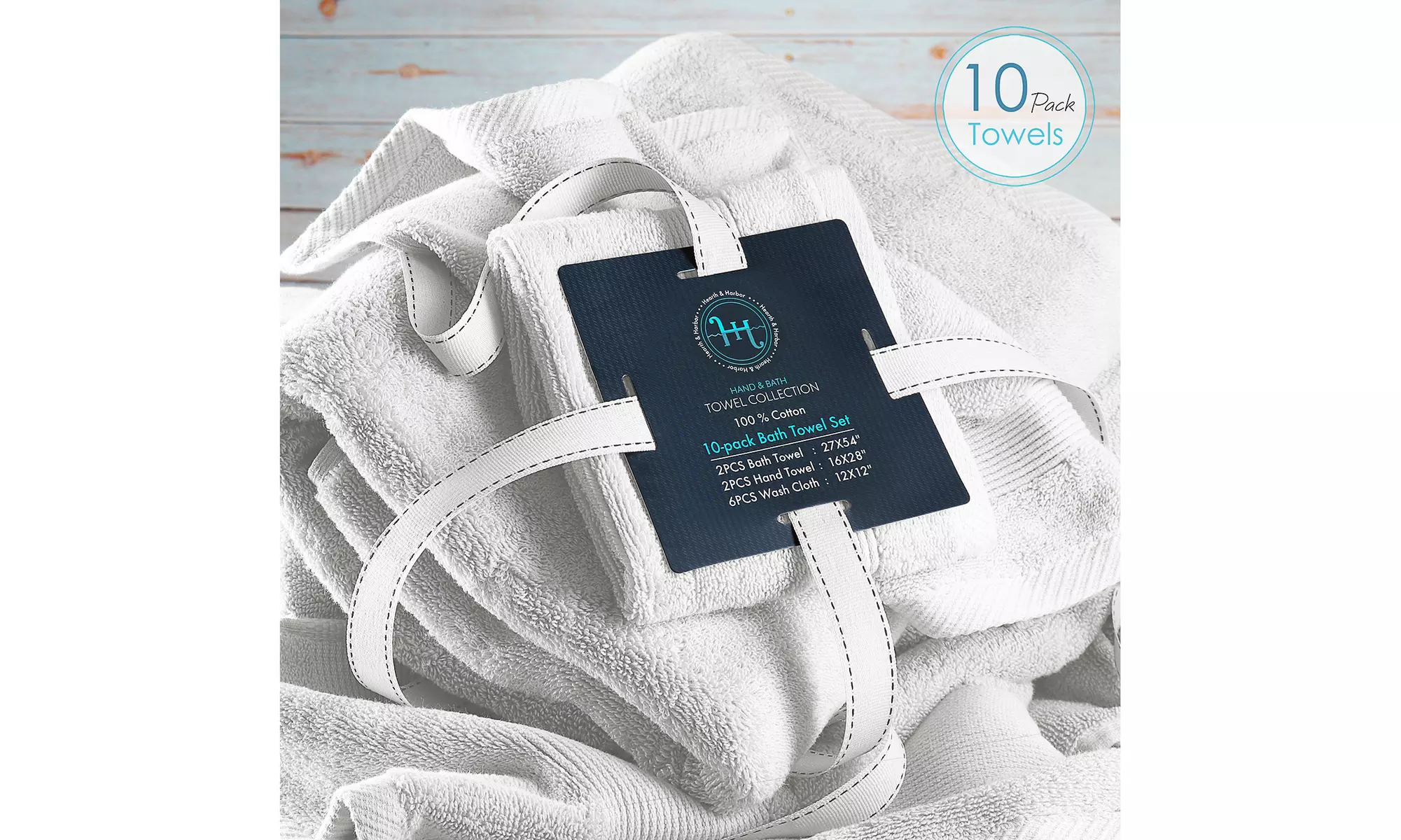 Hearth & Harbor Towels -100% Cotton Set of 10 ; 2 Bath, 2 Hand and 6 Washcloths