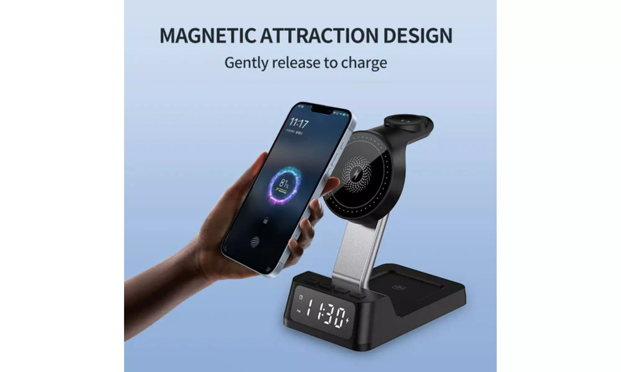 4 in 1 Wireless Charging Station with Alarm Clock for Phone Watch Earbuds