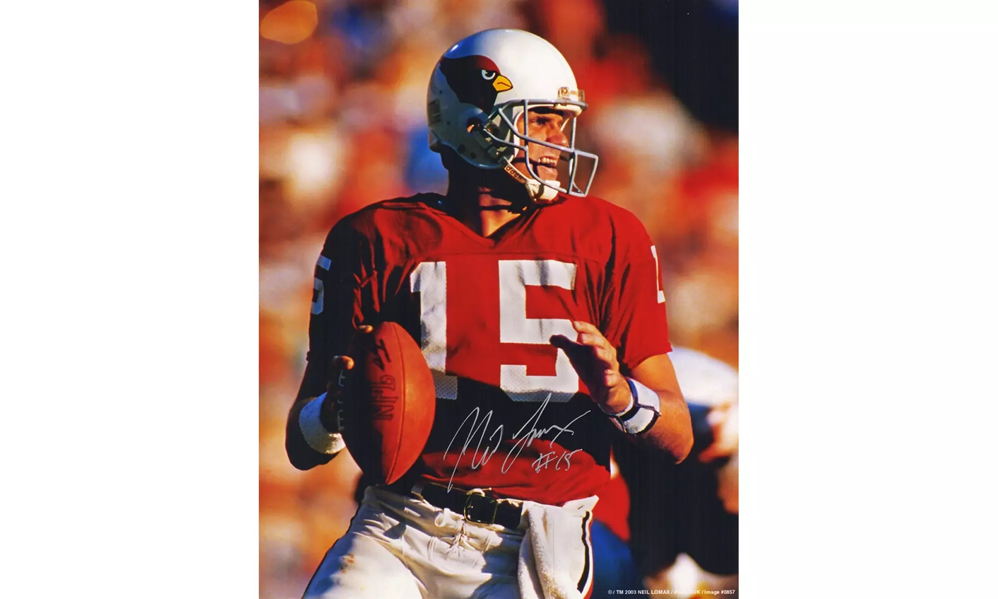 Neil Lomax Signed Cardinals Red Jersey Action 8x10 Photo (In Silver) - Primary Image