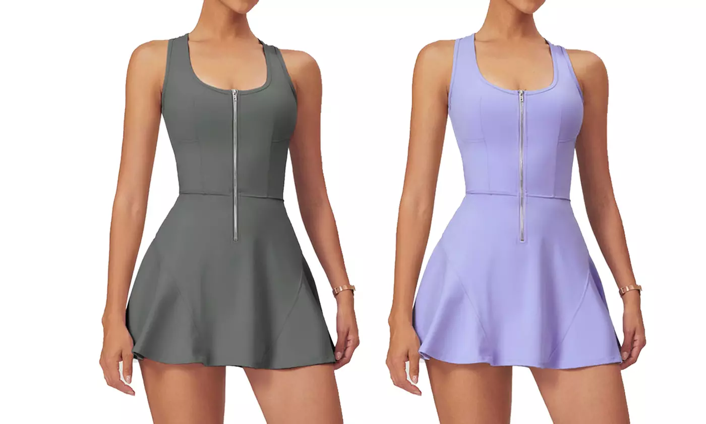 Women Tennis Athletic Zip Tank Dress with Shorts and Padded Bra