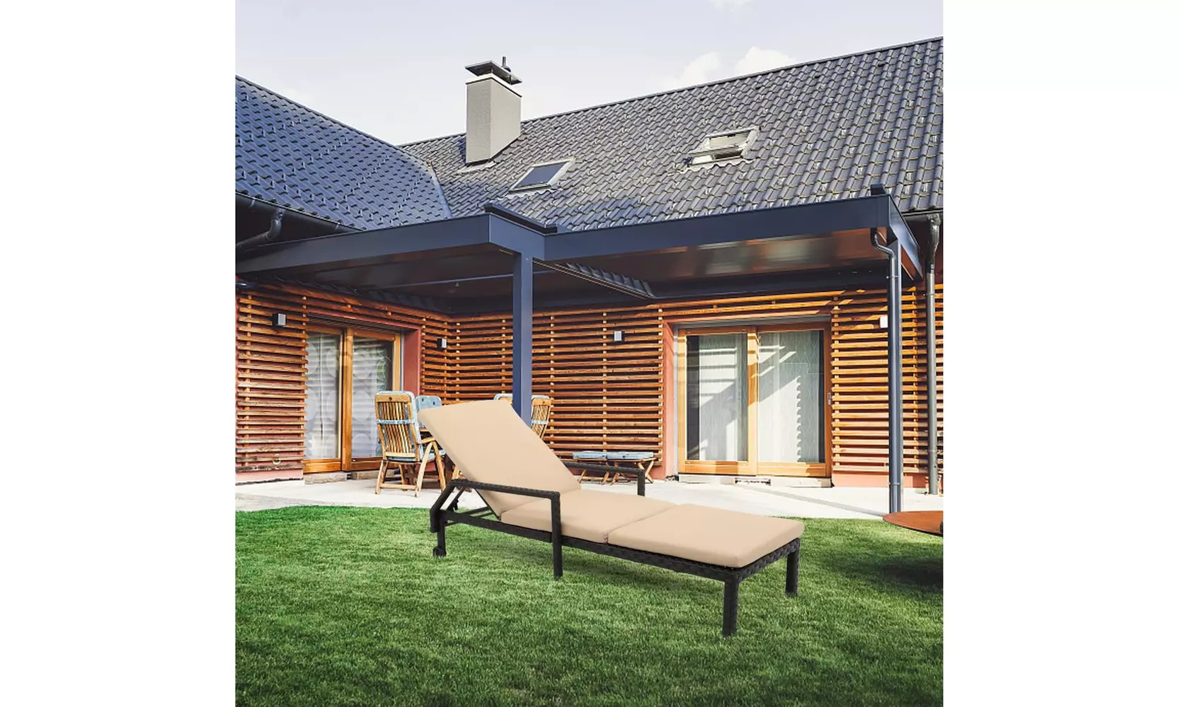 Patio Wheeled Chaise Lounge Chair Wicker Chair with Cushioned - Primary Image