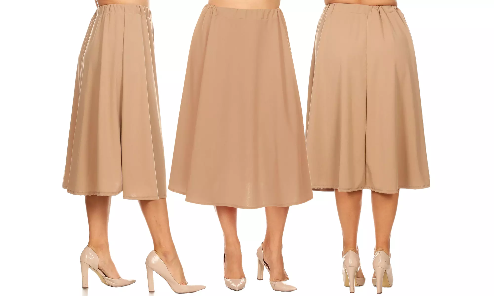 Women's plus size A-Line Elastic band pleated solid midi skirt - Primary Image