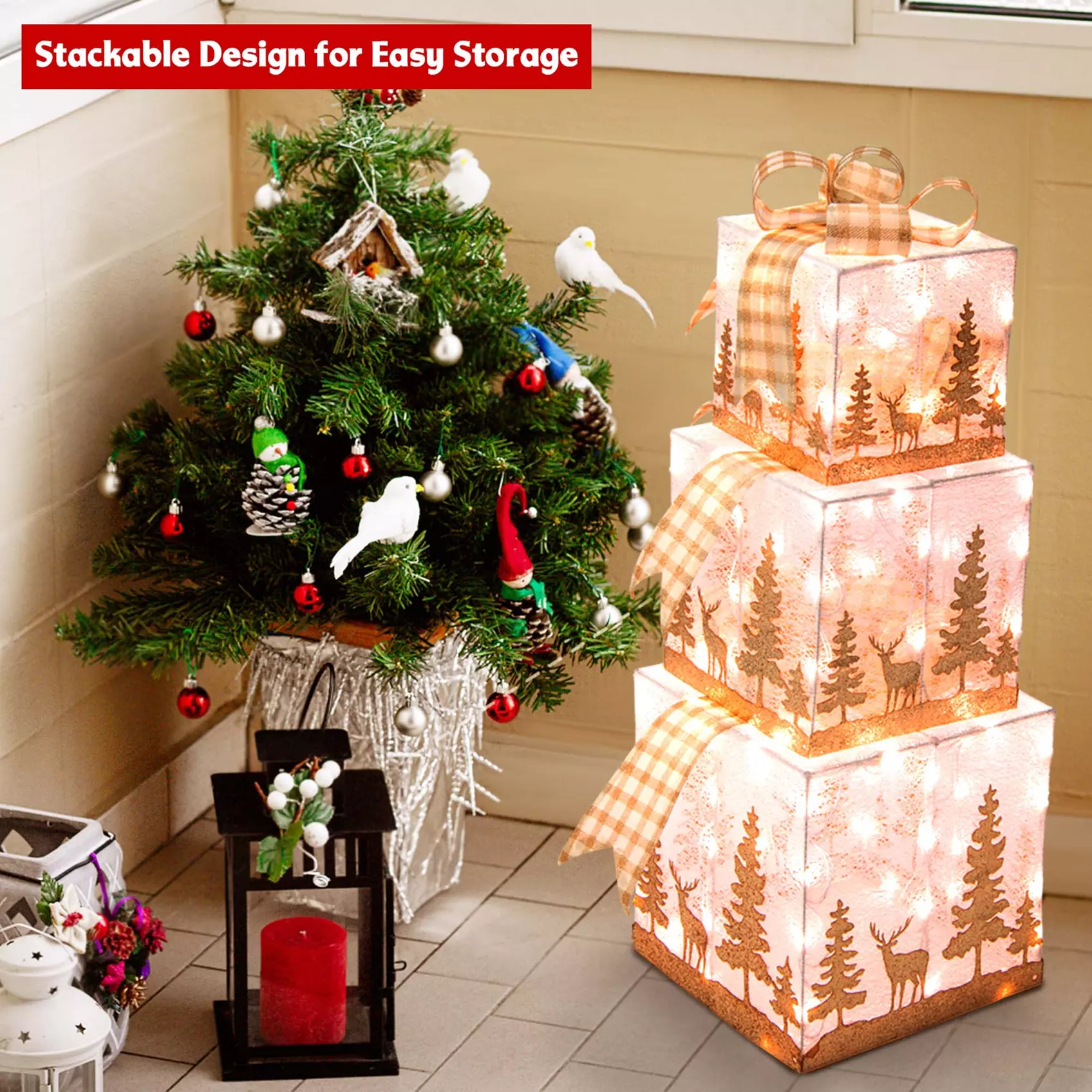 Costway 3 Sets Iridescent Christmas Gift Box LED Lighted Present Box Decor Yard