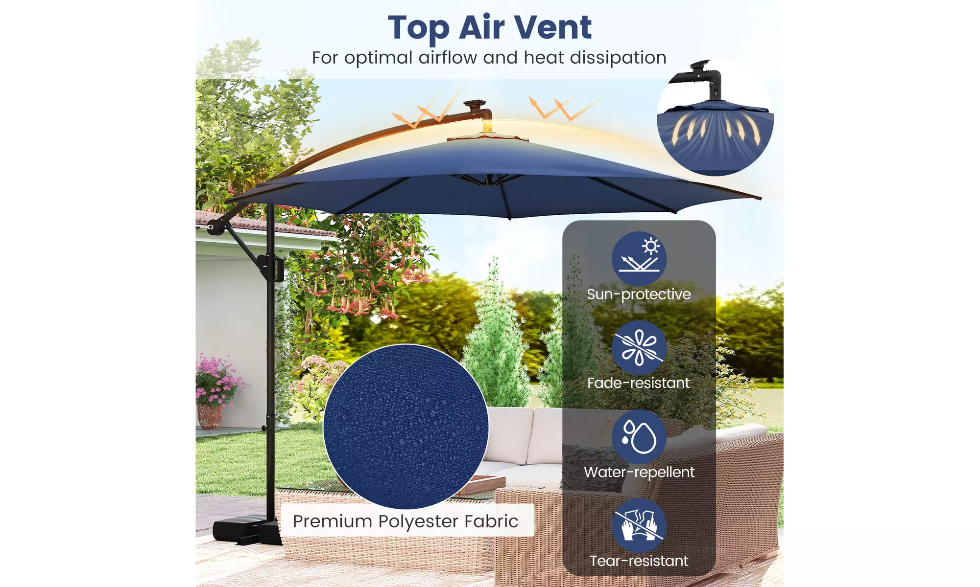 Costway 10 FT Solar Offset Hanging Umbrella with Base