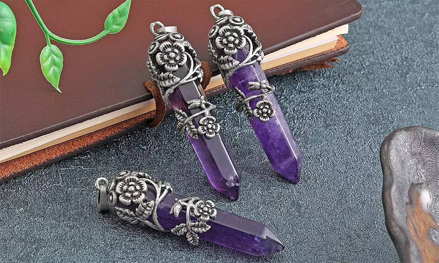Silver Flower Wrapped Hexagonal Pendant Chakra Healing Stone Necklace Jewelry