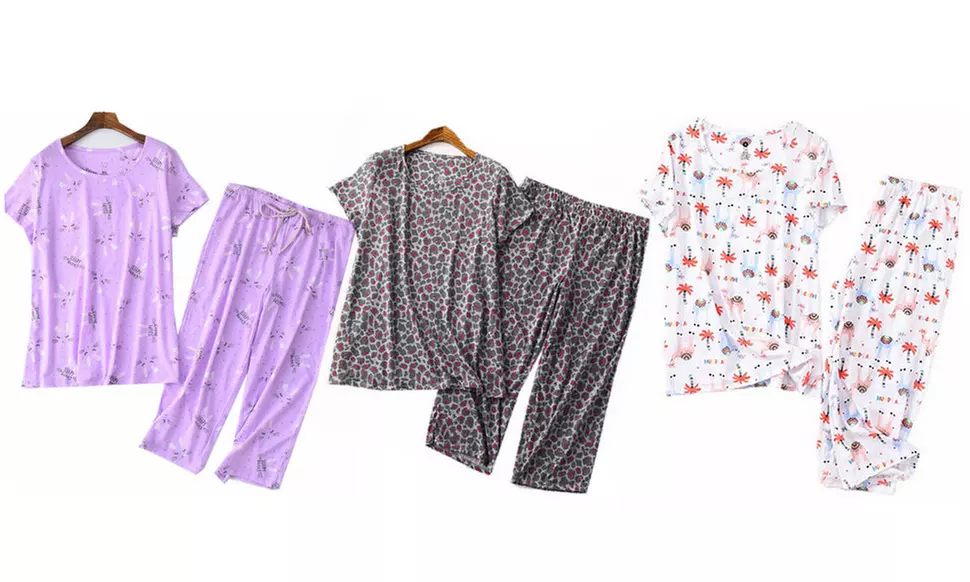 Women Fun Prints Pajama Set Tops Capri Pants Casual Short Sleeve Lounge Wear - Primary Image