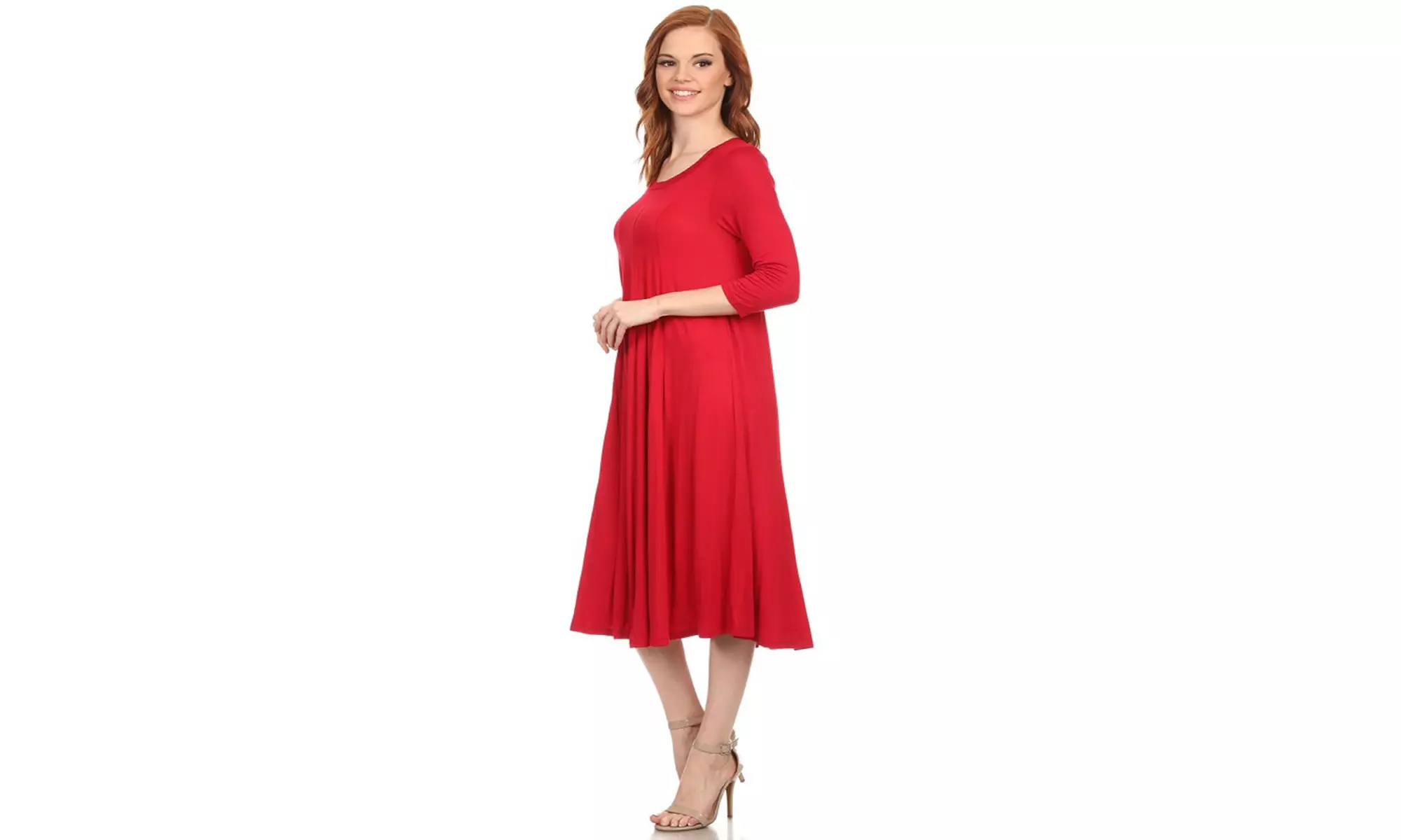 Women's Solid Casual Comfy 3/4 Sleeve Loose Fit A-line Midi Dress
