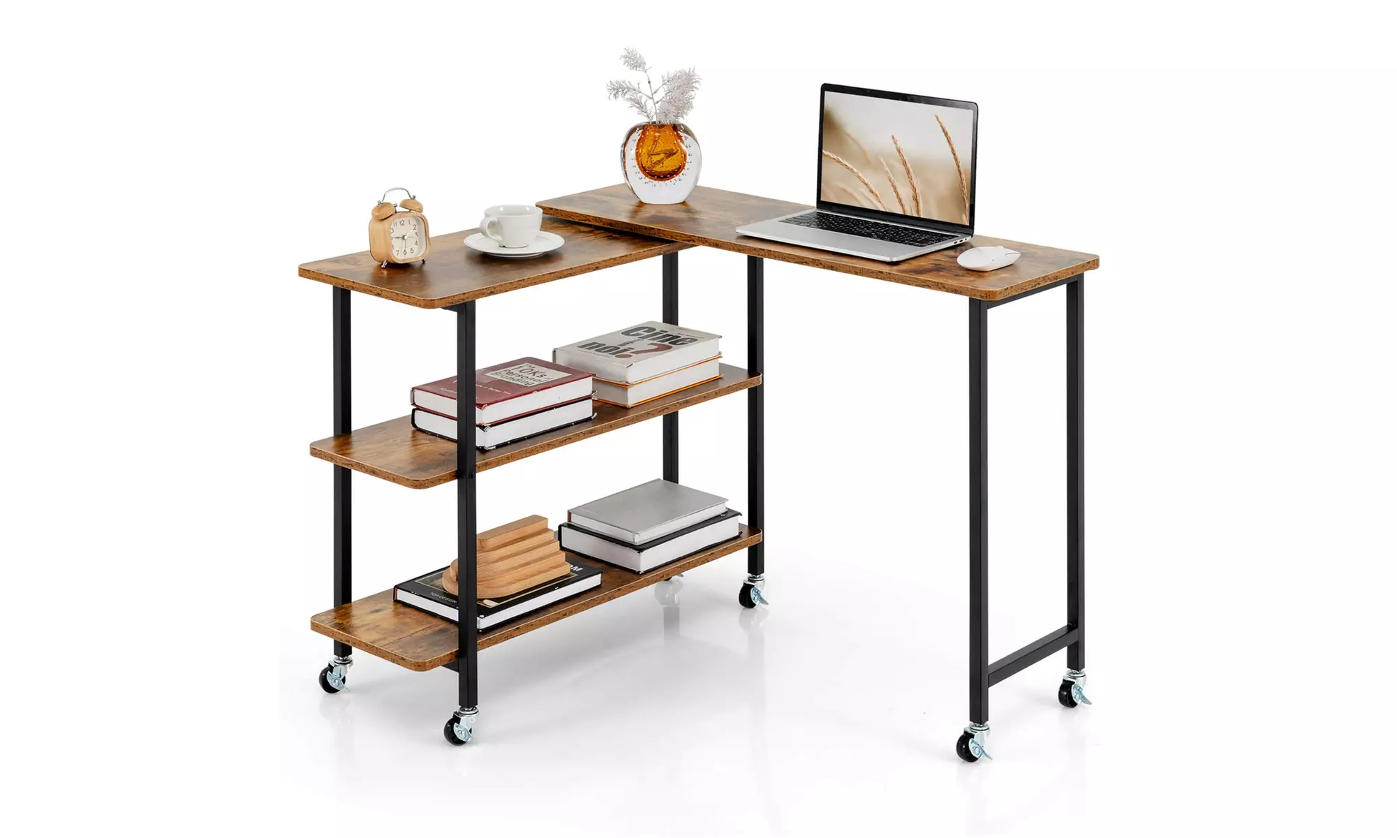 Costway 360-degree Rotating L-Shaped Sofa Side Table with Shelf
