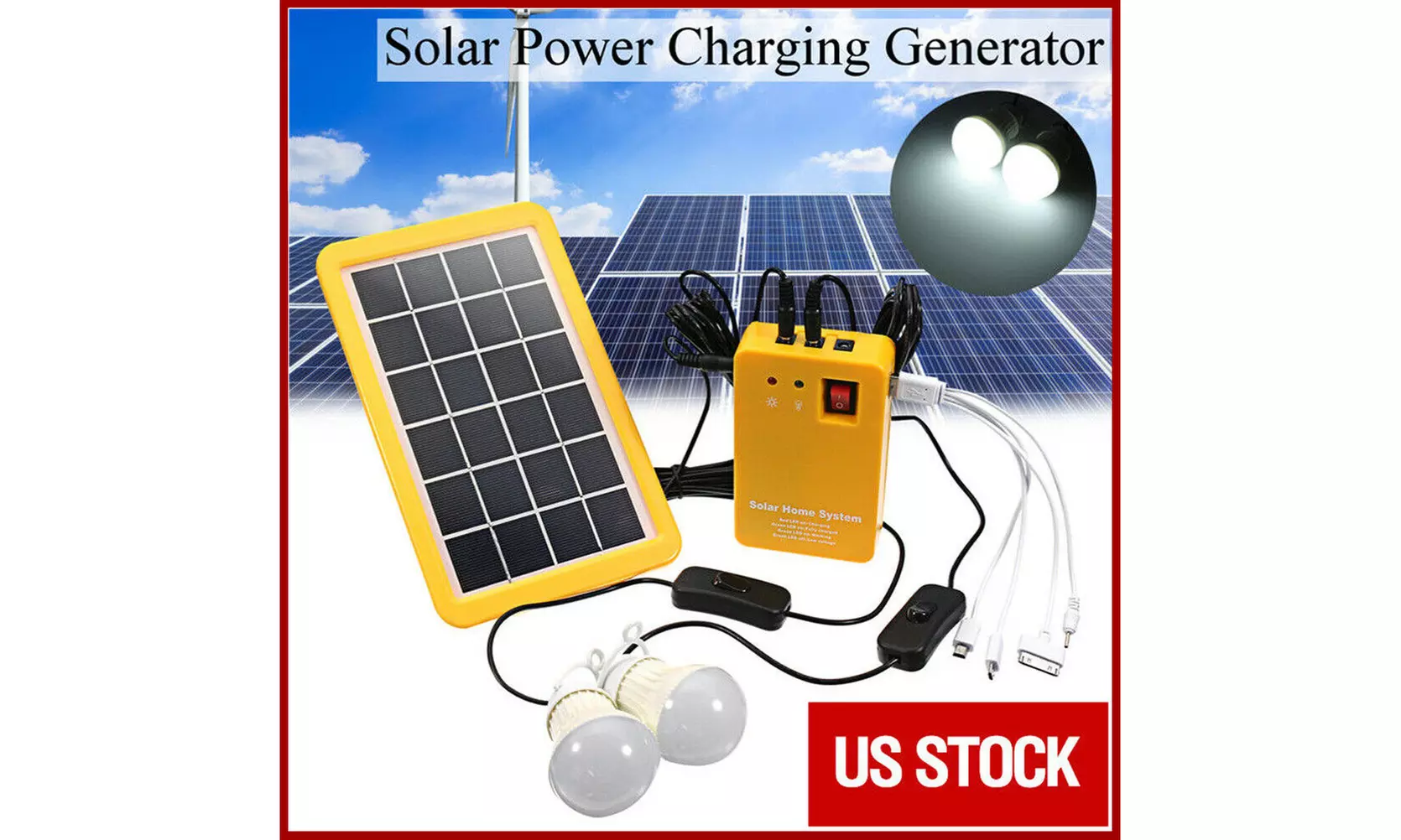 Solar Power Panel Generator LED Light USB Charger Home System Outdoor Garden - Primary Image