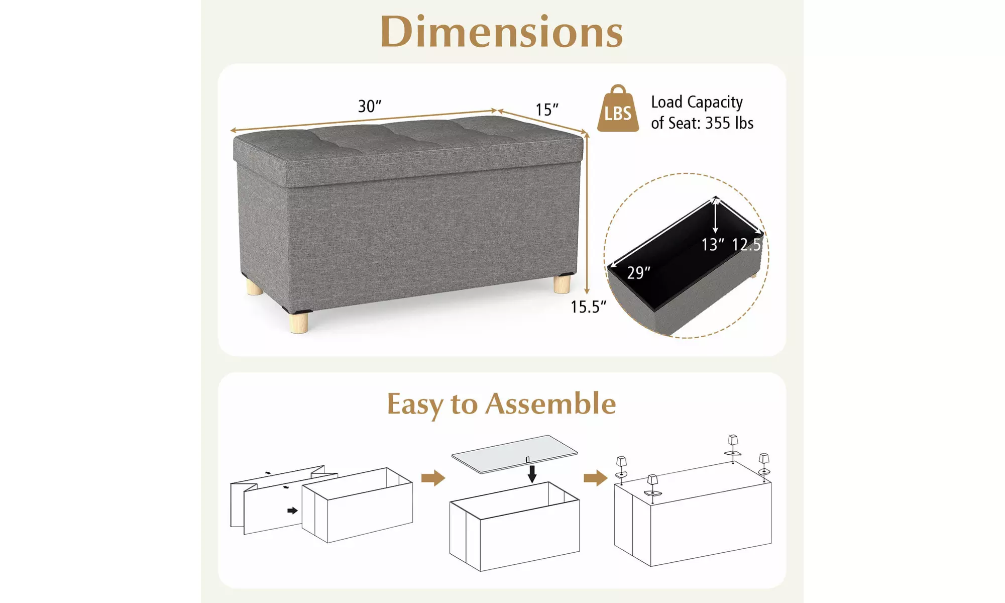 Costway 18 Inches Ottoman with Storage,Tray & Rubber Wood Legs for Small Space