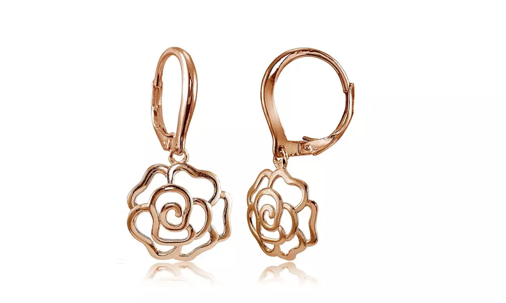 Rose Gold Flashed 925 Silver High Polished Open Rose Dangle Leverback Earrings