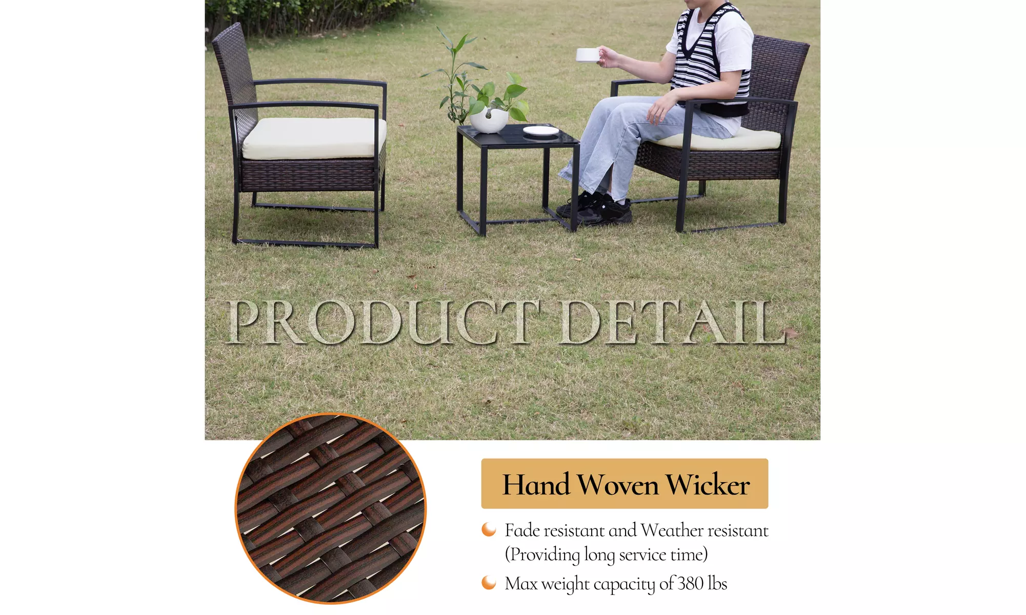 3 Piece Patio Furniture Set Wicker Rattan Outdoor Patio Conversation