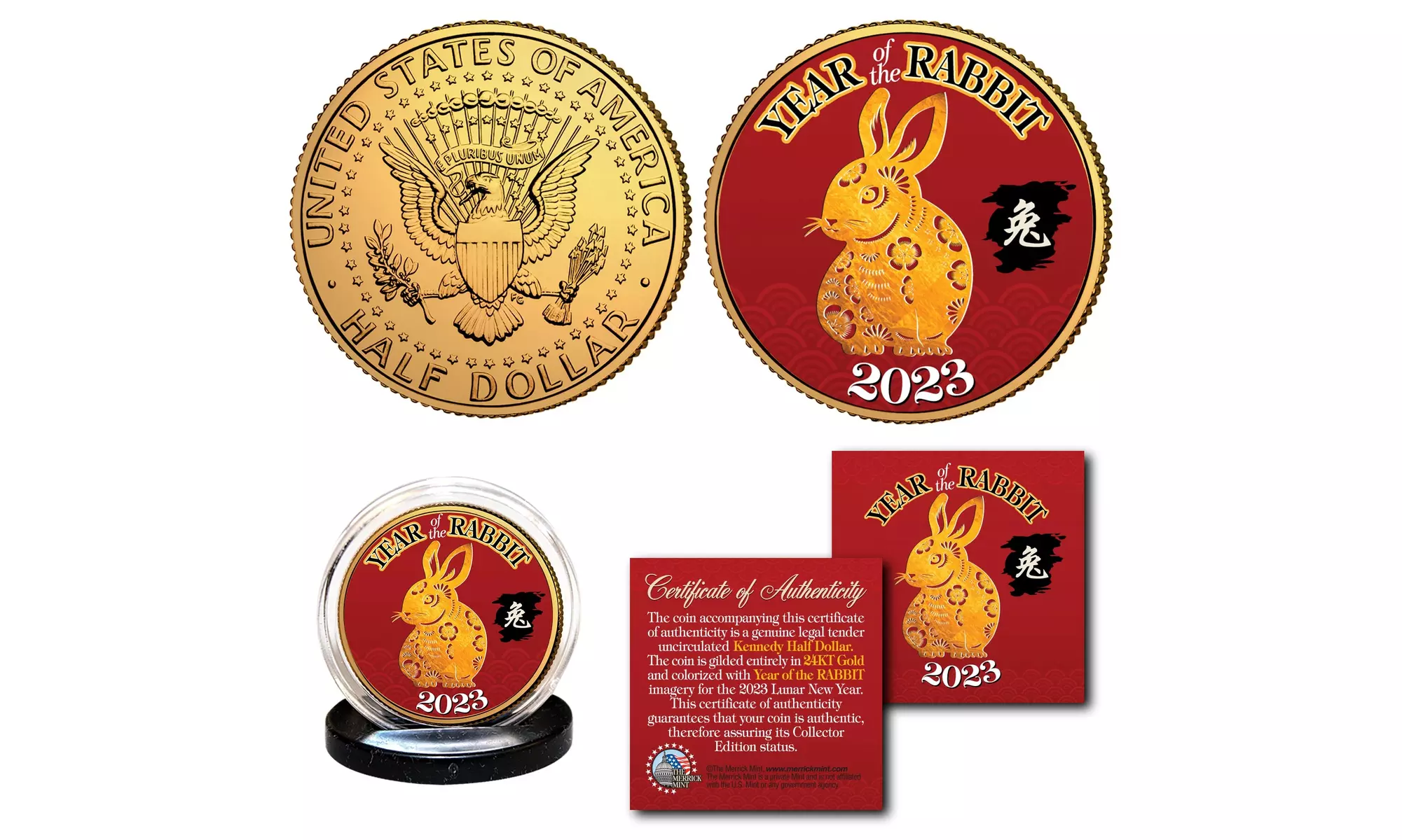 2023 Chinese New Year of the RABBIT 24K Gold Plated JFK Kennedy Half Dollar Coin - Primary Image
