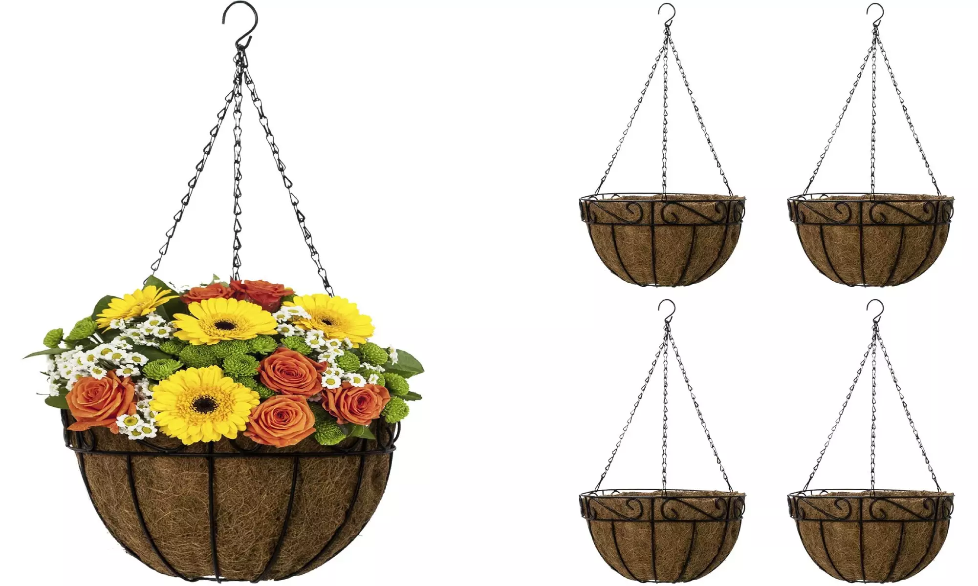 4-Pk Metal Hanging Planter Basket w/ Coco Coir Liner- Huge 14" Garden Flower Pot - Primary Image
