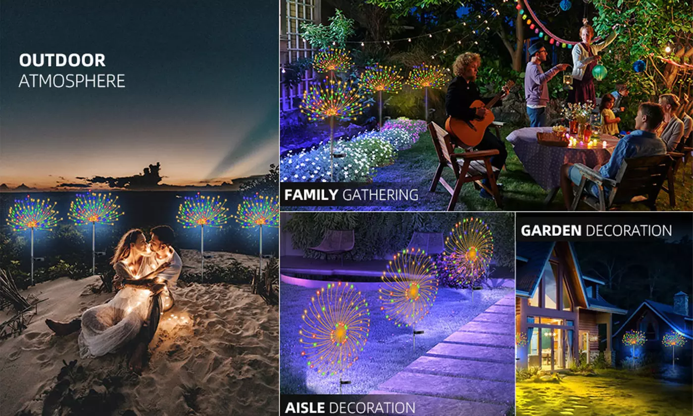 2 Pack Solar Powered Firefly Firework Lights Art Stake Sparklers Yard Decor - Second Medium