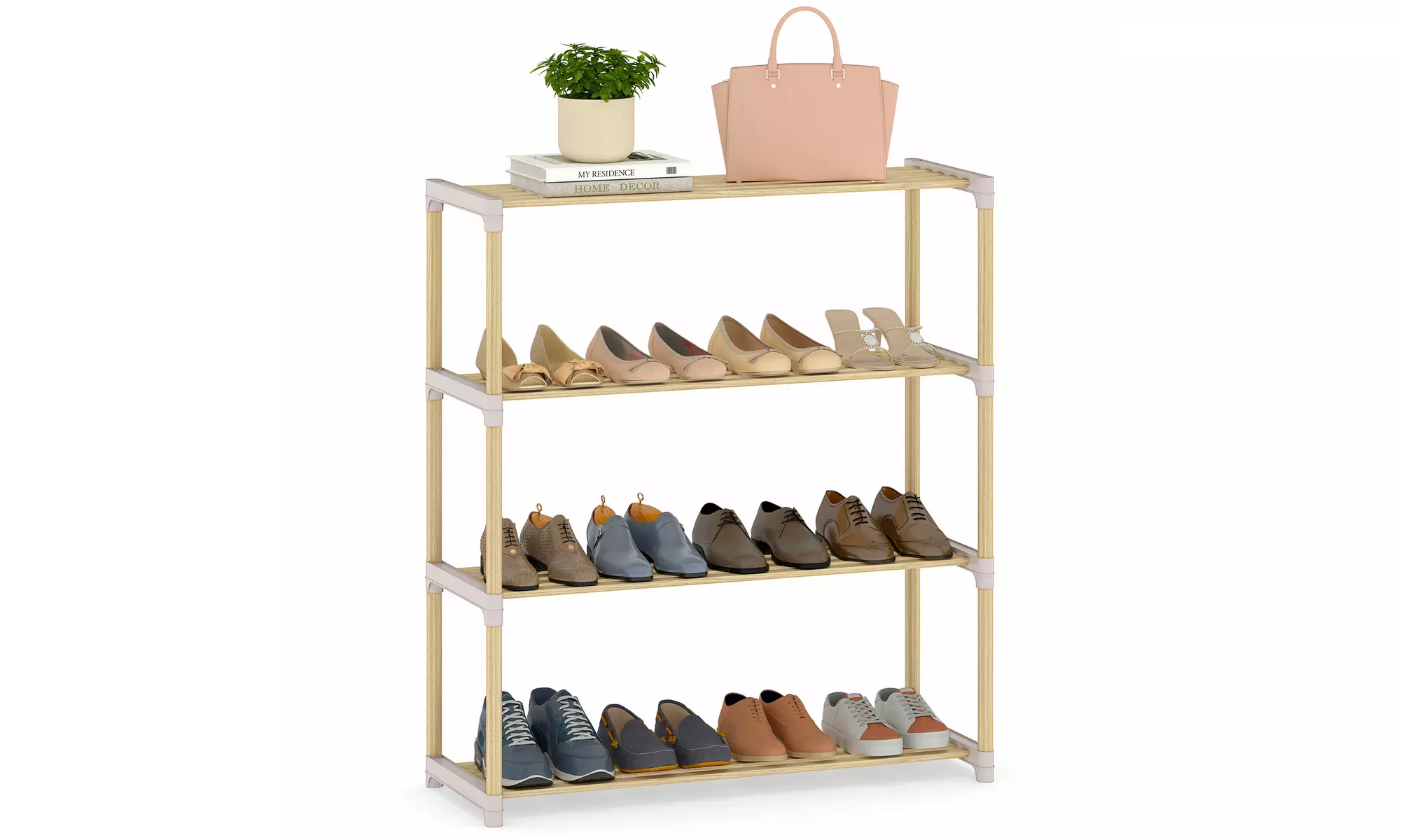 Costway Solid Wood Shoe Shelf Stand with Slatted Open Shelves for Entryway